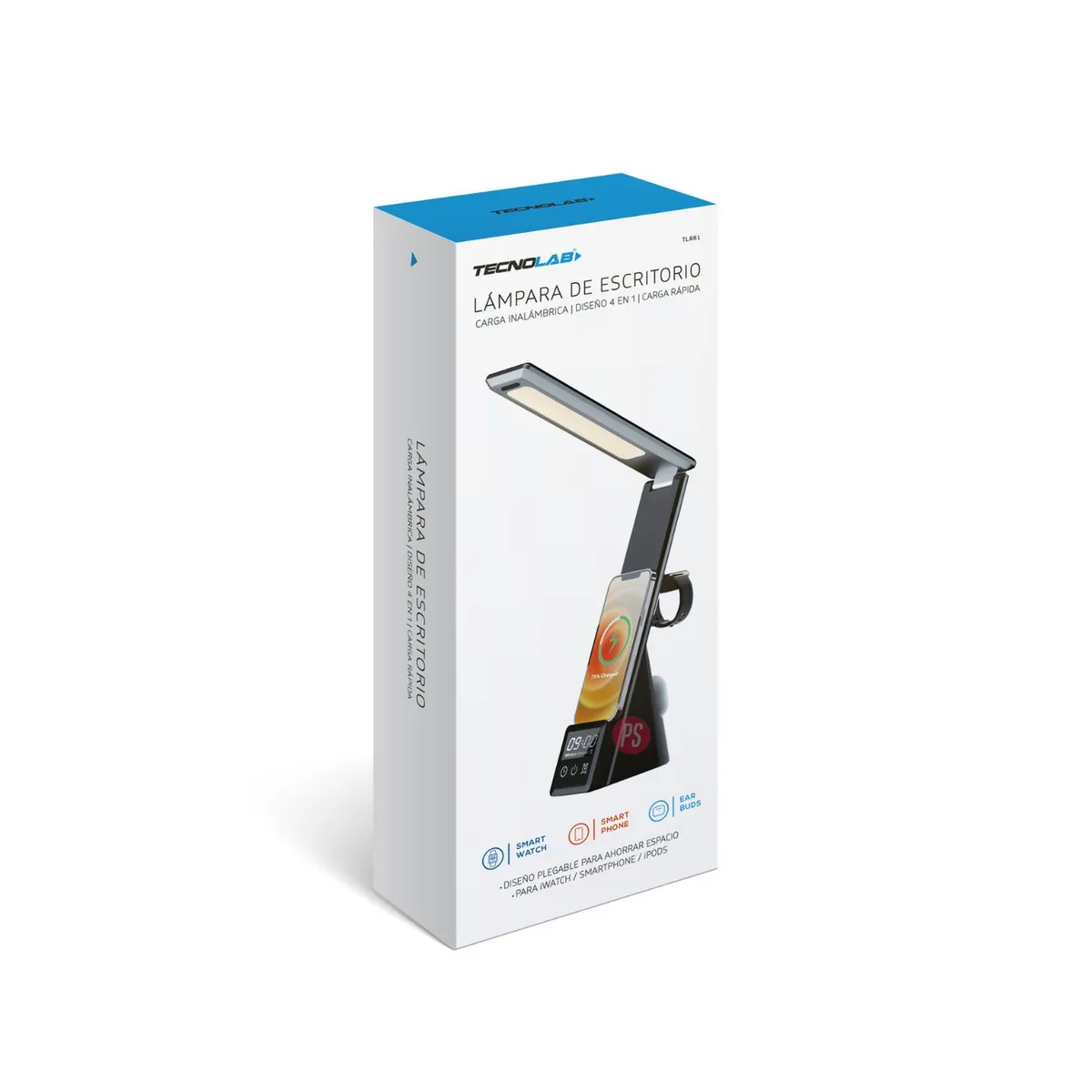 TECNOLAB - Lámpara Escritorio 4 en 1 con Cargador Inalámbrico Qi - PS