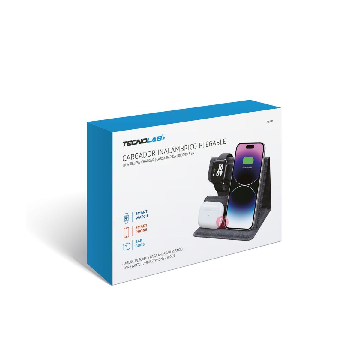 TECNOLAB - Cargador Inalámbrico QI Plegable 3 en 1 Carga Rápida - PS