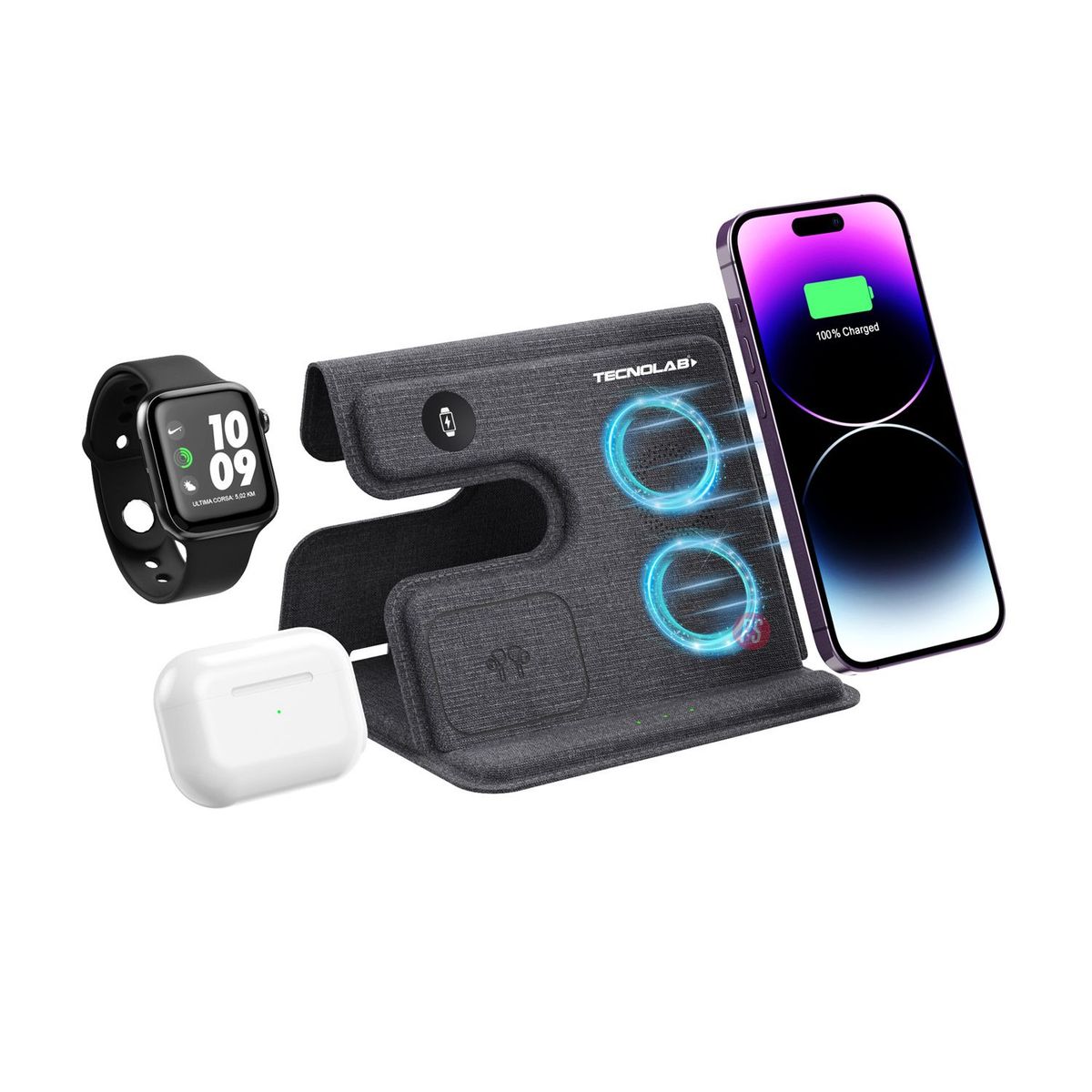 TECNOLAB - Cargador Inalámbrico QI Plegable 3 en 1 Carga Rápida - PS