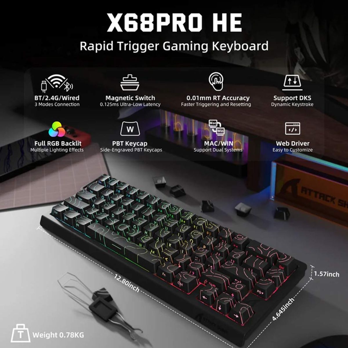 GENERICO - Teclado Attack Shark Inalámbrico X68 Pro He Magnético Negro