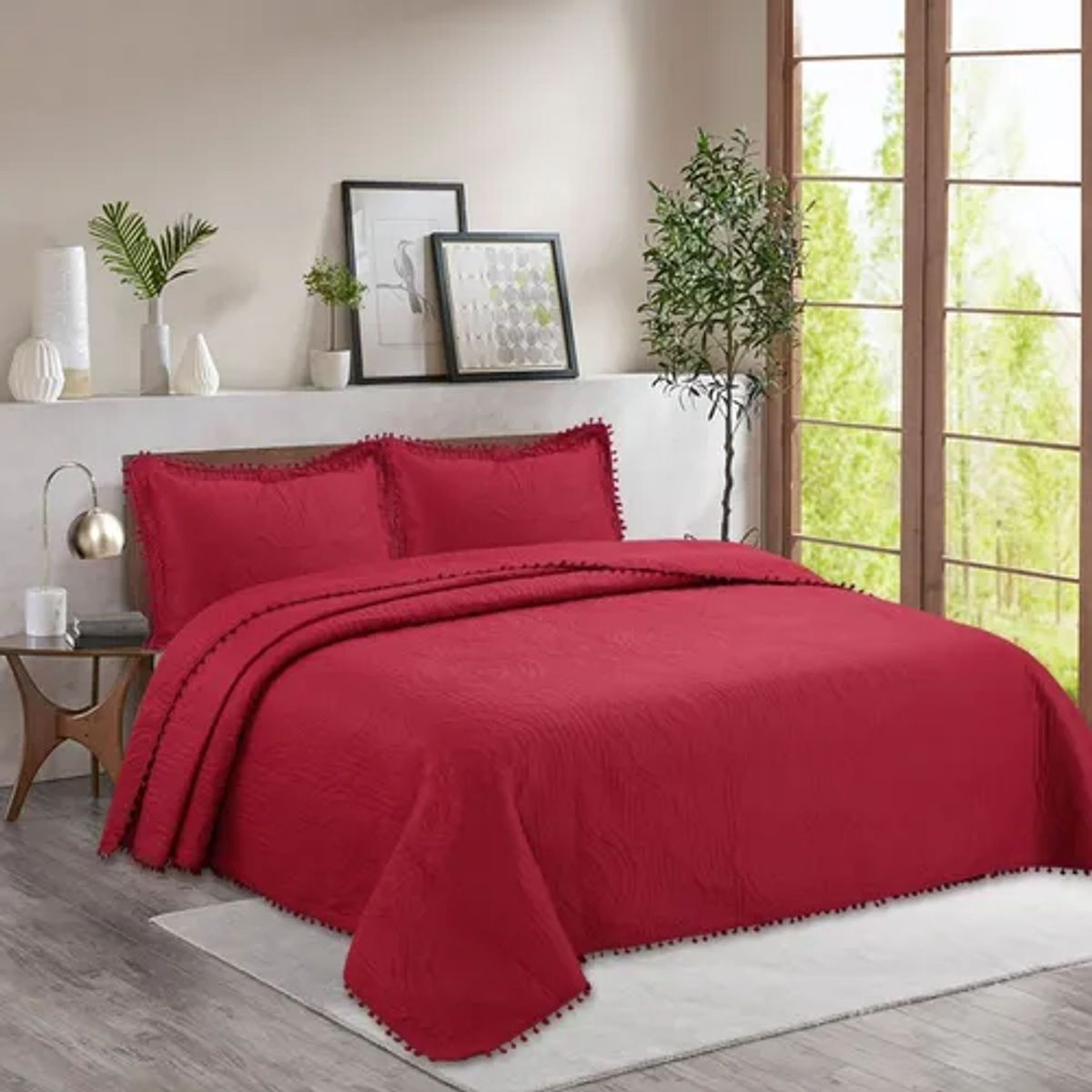 GENERICO - Cubrecama quilt pompones 2 plazas rojo