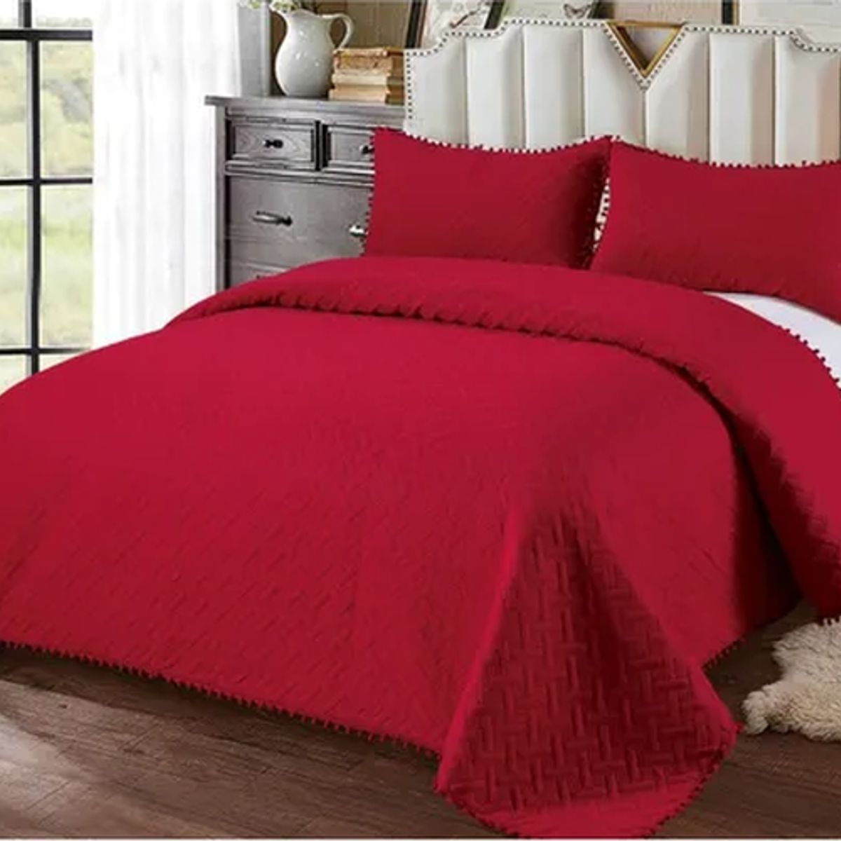 GENERICO - Cubrecama quilt pompones 2 plazas rojo