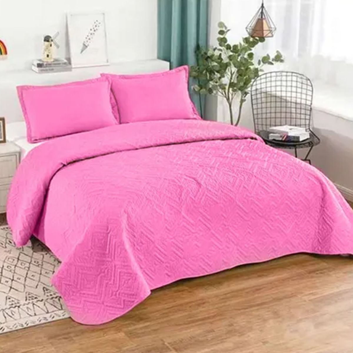 GENERICO - Cubrecama quilt 2 plazas liso color rosa