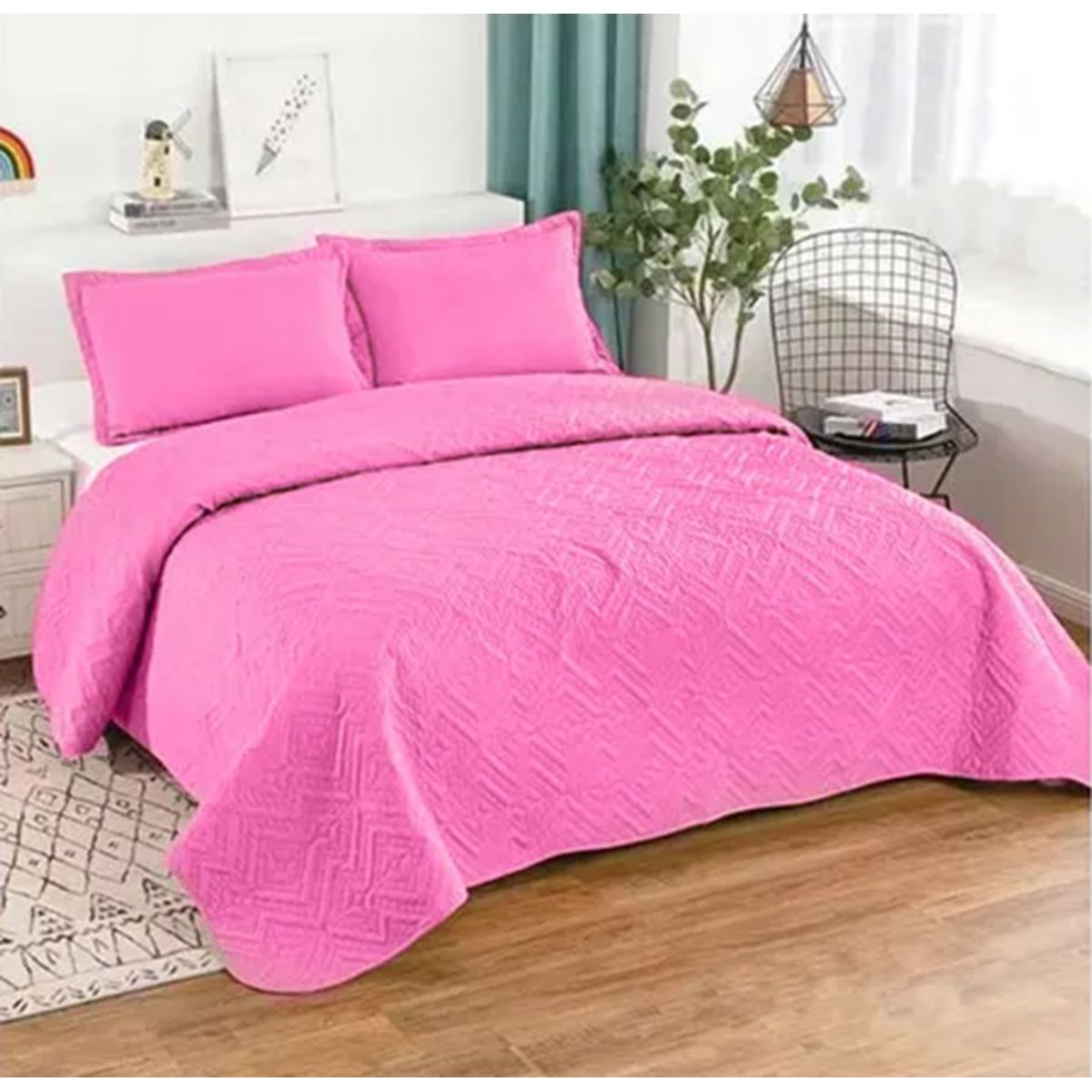 GENERICO - Cubrecama quilt 2 plazas liso color rosa