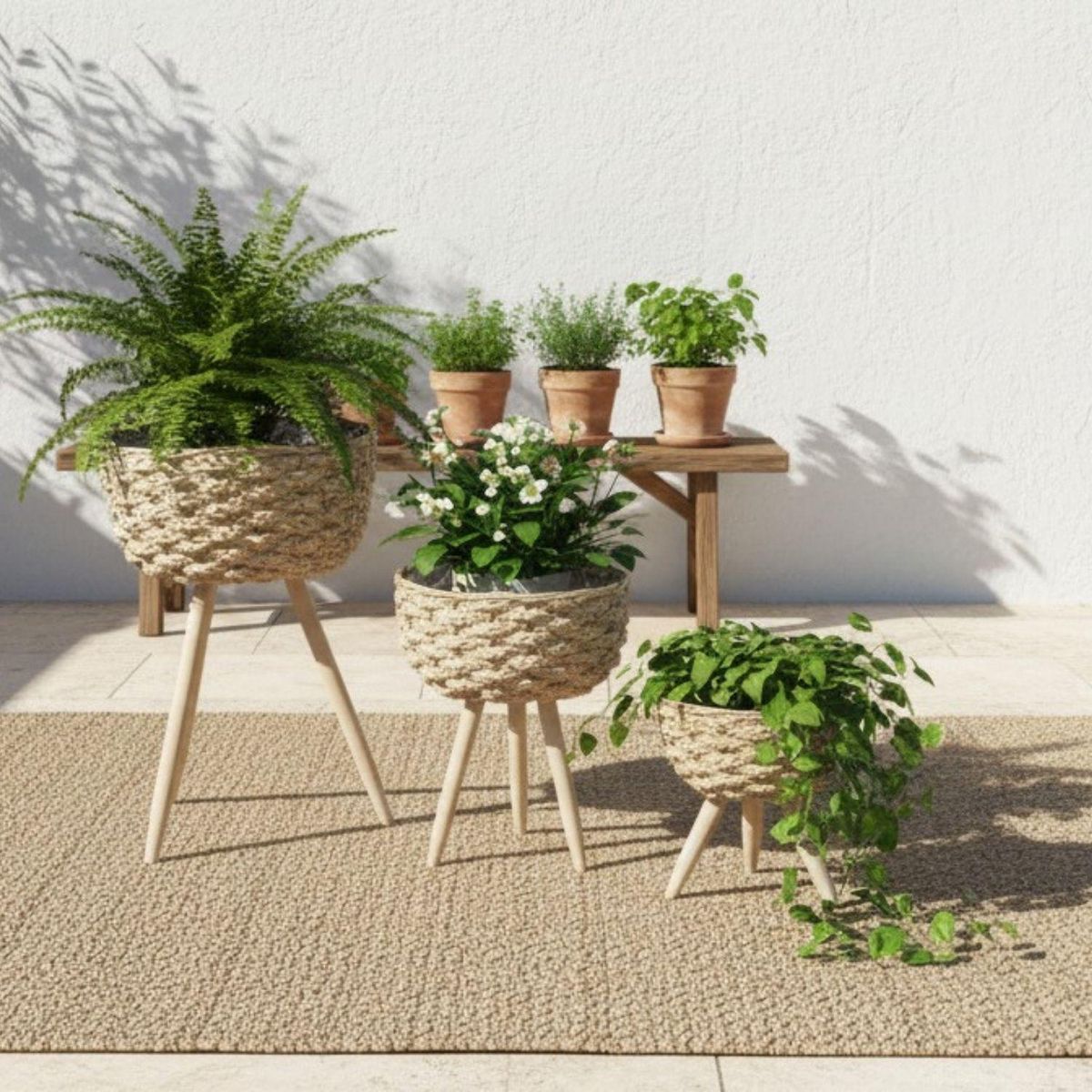 TERRA ESTILO - Set 3 Maceteros Ratán con Patas