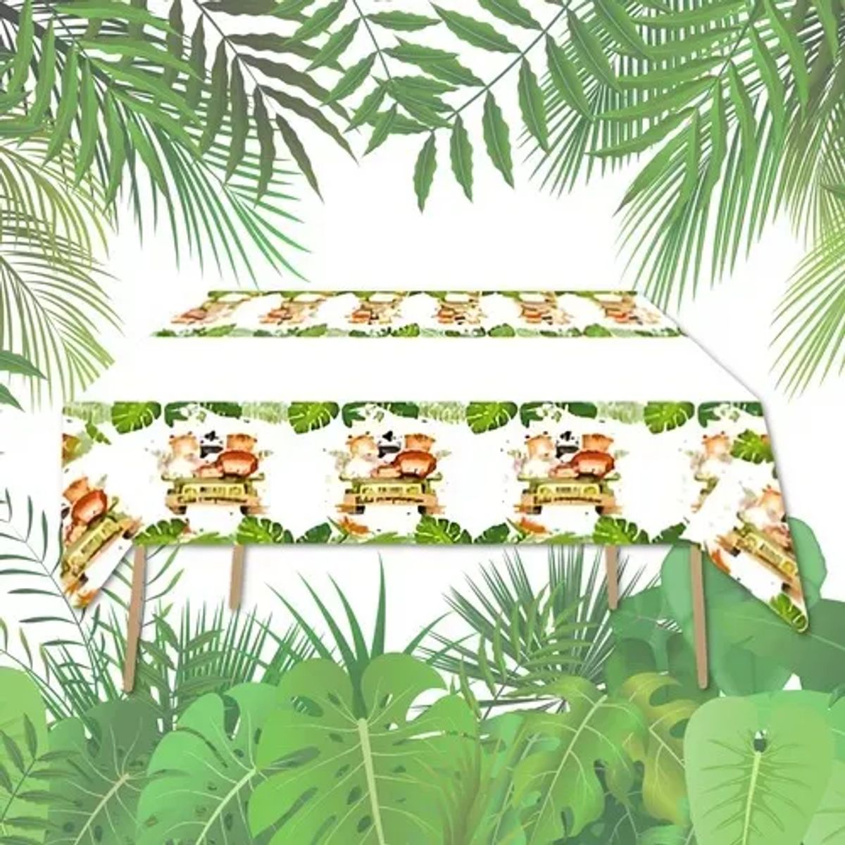 GENERICO - Mantel decoración safari cumpleaños feliz fiesta verde musgo