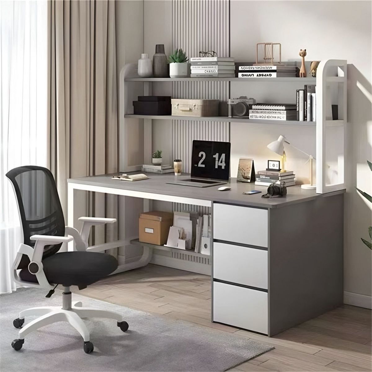 ACTUAL - Escritorio Multifuncional con Estantería Superior 3 Cajones 120x50x147