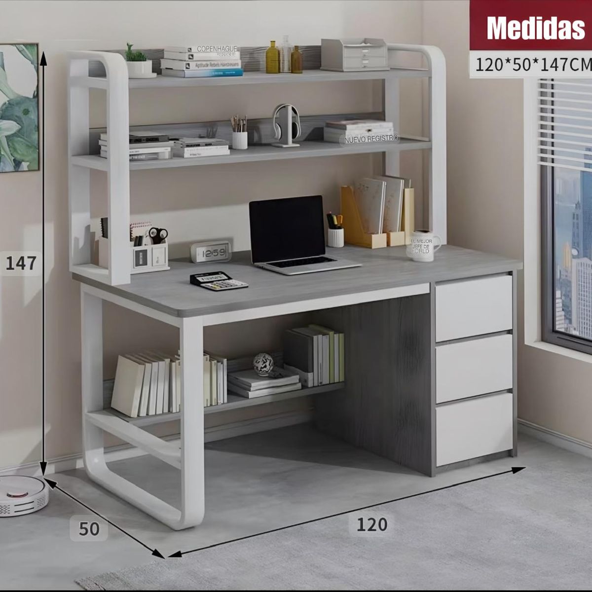 ACTUAL - Escritorio Multifuncional con Estantería Superior 3 Cajones 120x50x147