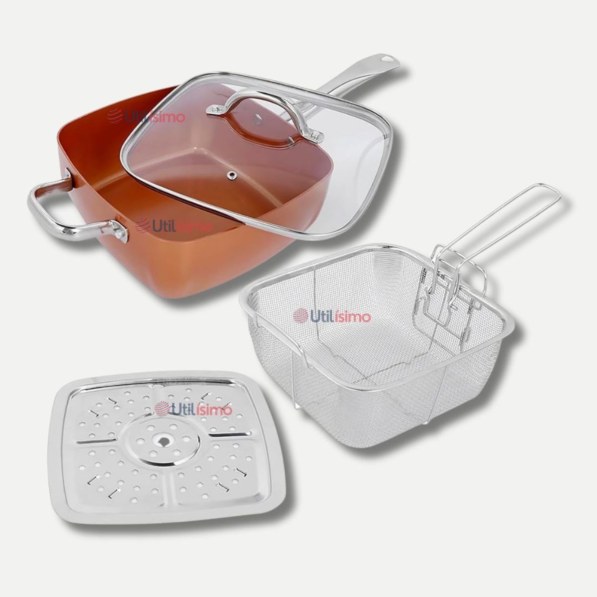 LINE - Sartén Antiadherente De Cobre Multiuso 3 en 1 Cesta Freír Vaporera