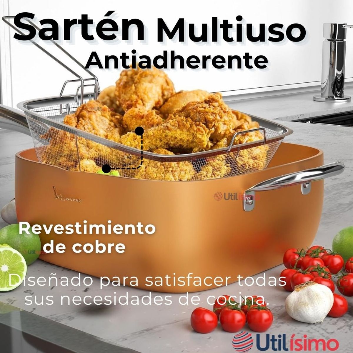 LINE - Sartén Antiadherente De Cobre Multiuso 3 en 1 Cesta Freír Vaporera