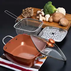 LINE - Sartén Antiadherente De Cobre Multiuso 3 en 1 Cesta Freír Vaporera