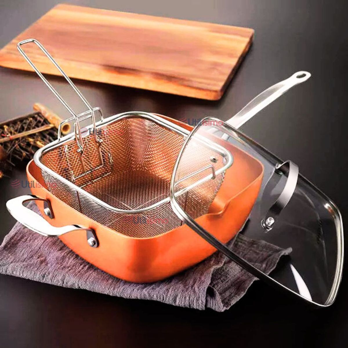 LINE - Sartén Antiadherente De Cobre Multiuso 3 en 1 Cesta Freír Vaporera