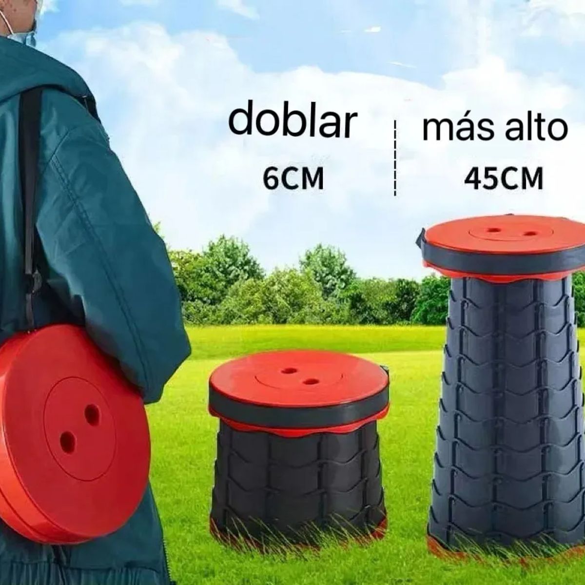 NO LOGO - Taburete Plegable Telescópico Portátil Altura Ajustable Rojo