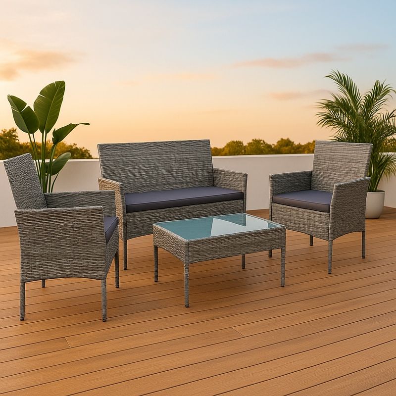 SPACE HOME - terraza para jardin rattan con mesa gris 4 piezas