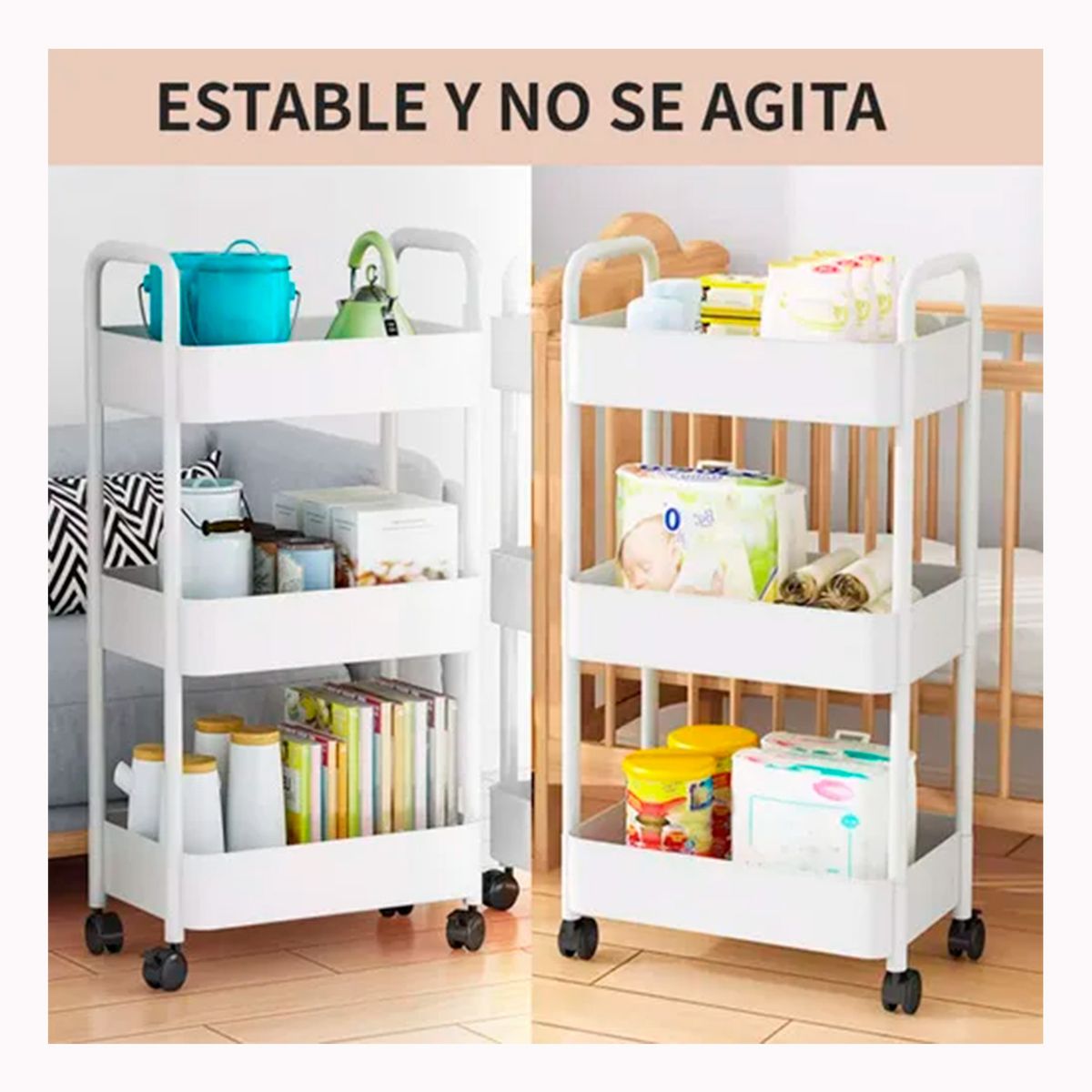 GENERICO - Carro Organizador de Ruedas Multiuso  3 niveles Blanco