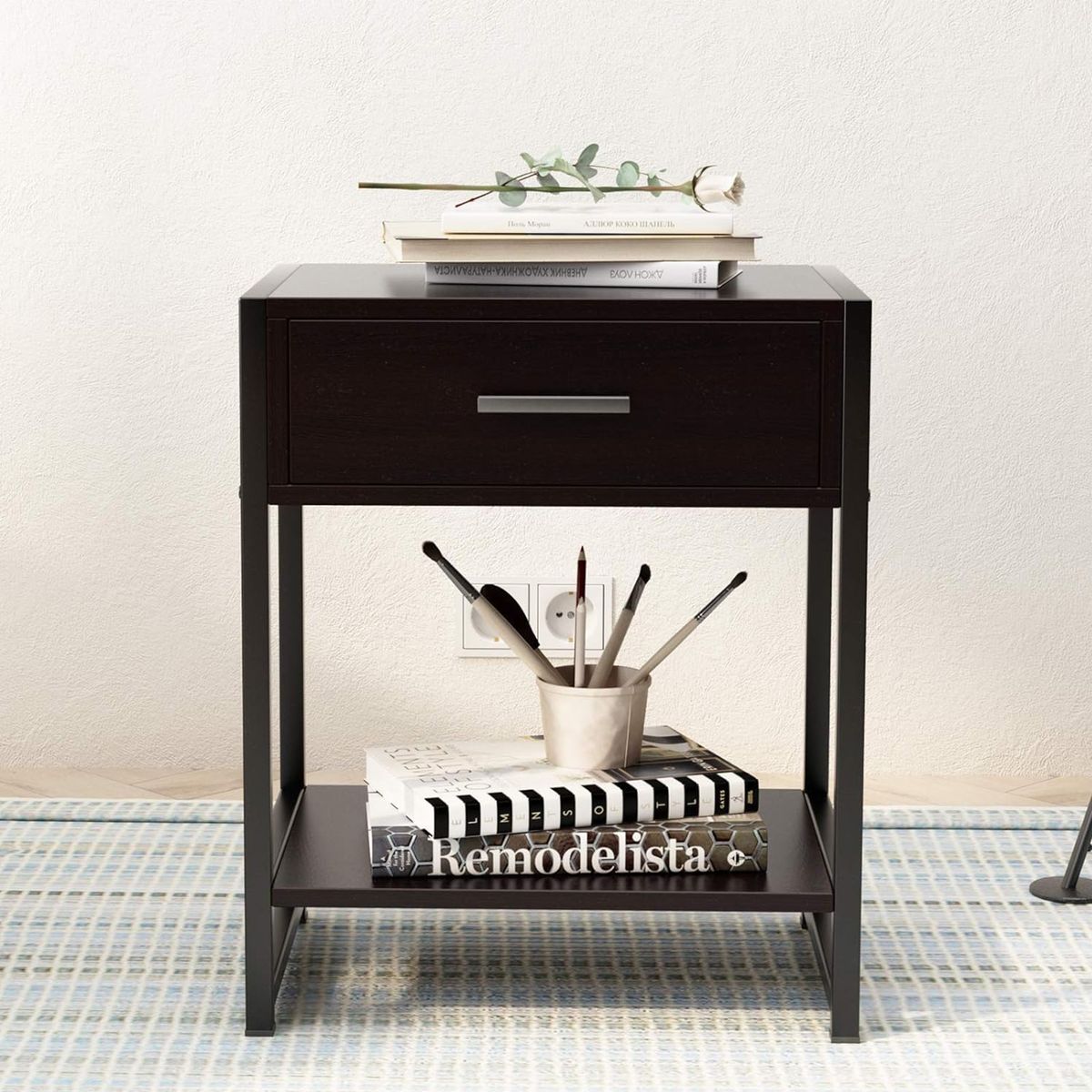 WELDMON - Mesa Auxiliar Doble Capa con cajones y Marco De Metal 45x30x55 CM