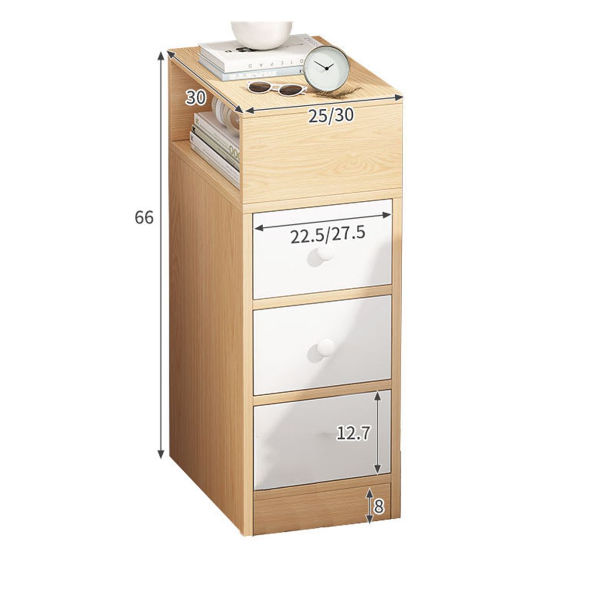 BITART - Velador bicolor con cajones para muebles de dormitorio 30x30x66cm