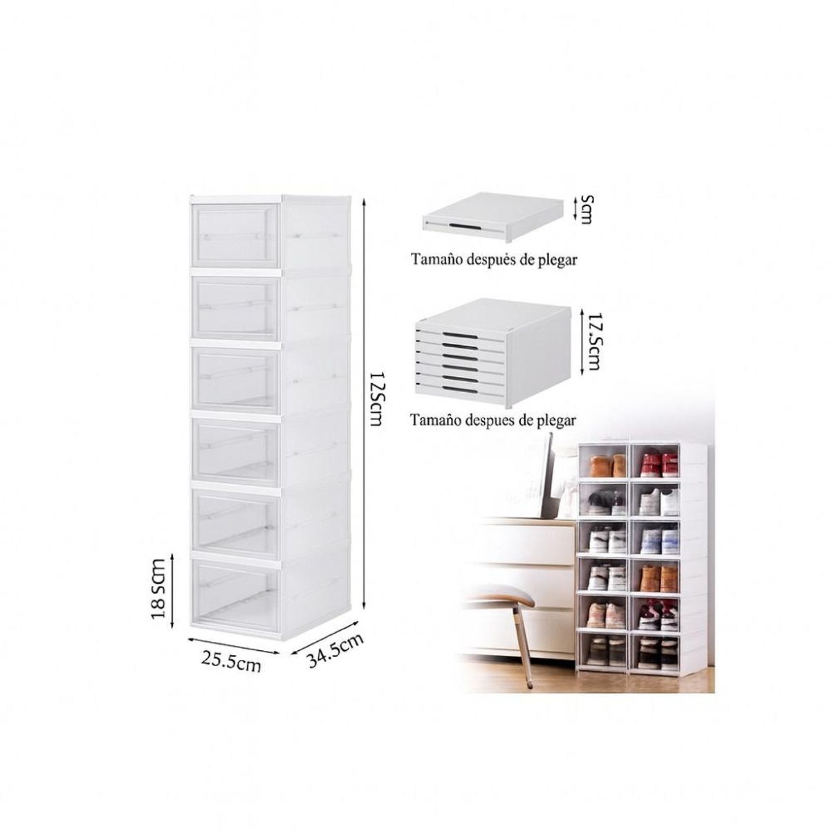 GENERICO - Zapatera Plegable Cajas Organizadoras 6 Niveles Transparente - Blanco