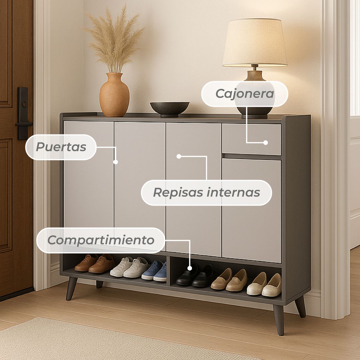 MUNDO ONLINE - Zapatero Blackey 4 Puertas Organizador Estante + Cajón 118cm