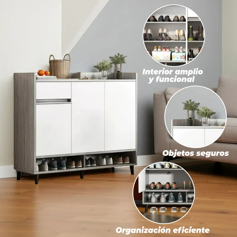 MUNDO ONLINE - Zapatero Grey 3 Puertas con Cajon Organizador Estante 100 cm