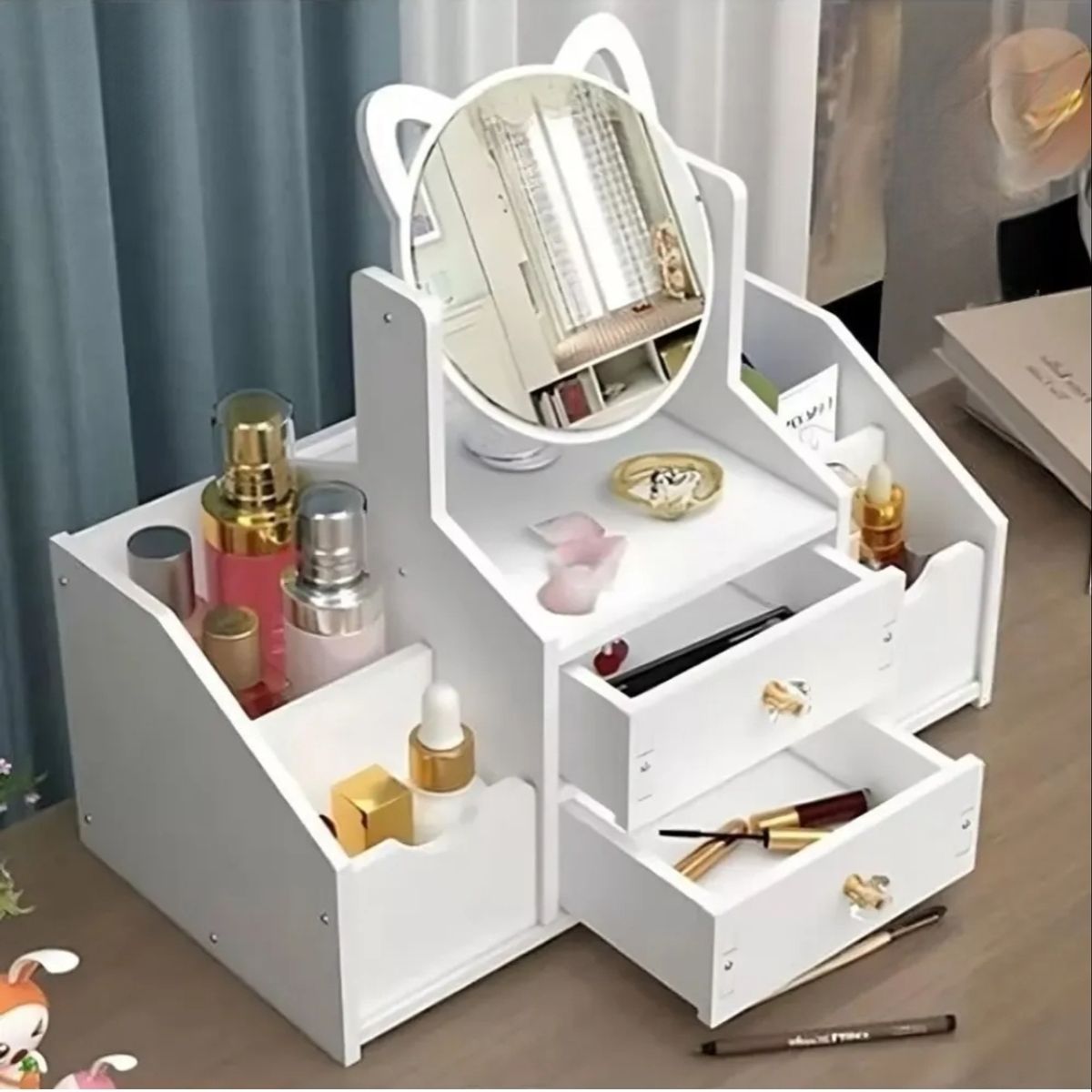 DEWINNER - Mini Organizador Joyas y Maquillaje con Espejo Diseño de Gato