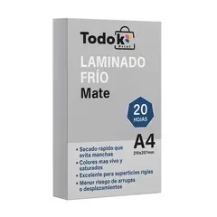 TODOK - Papel Laminado Frio Mate A4 20 Hojas Efecto Mate