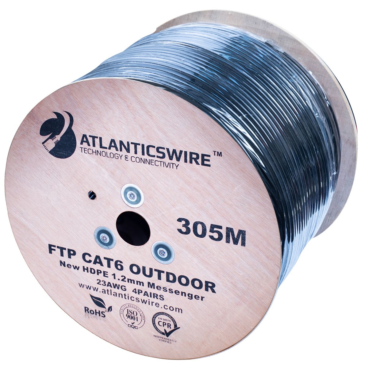 ATLANTICSWIRE - CABLE FTP CON MENSAJERO CAT6, 23 AWG, CCA, 305 MTS. PVC. NEGRO. EXTERIOR