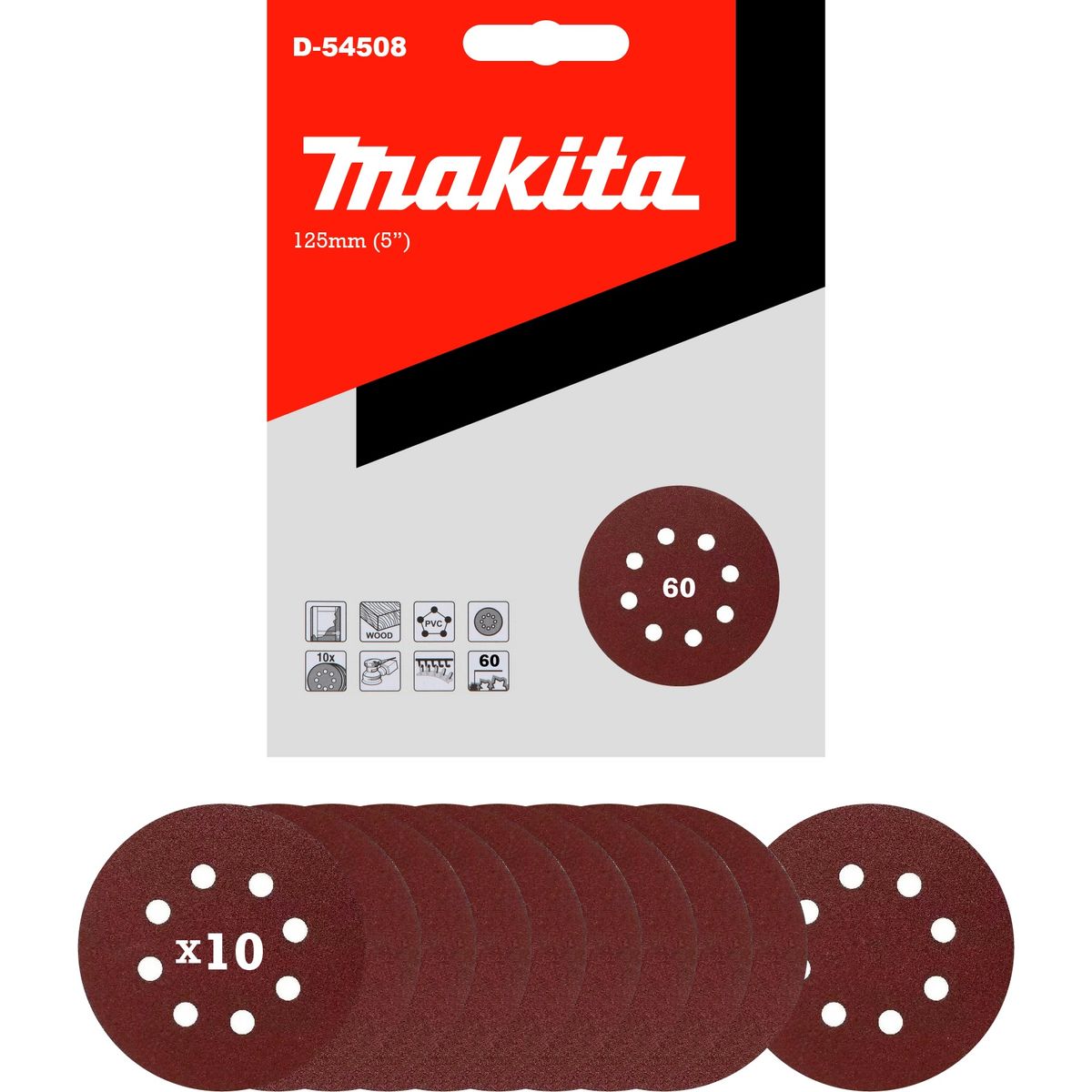 MAKITA - Discos Lija Velcro (10u) 125mm (5) Grano 60 Makita D-54508