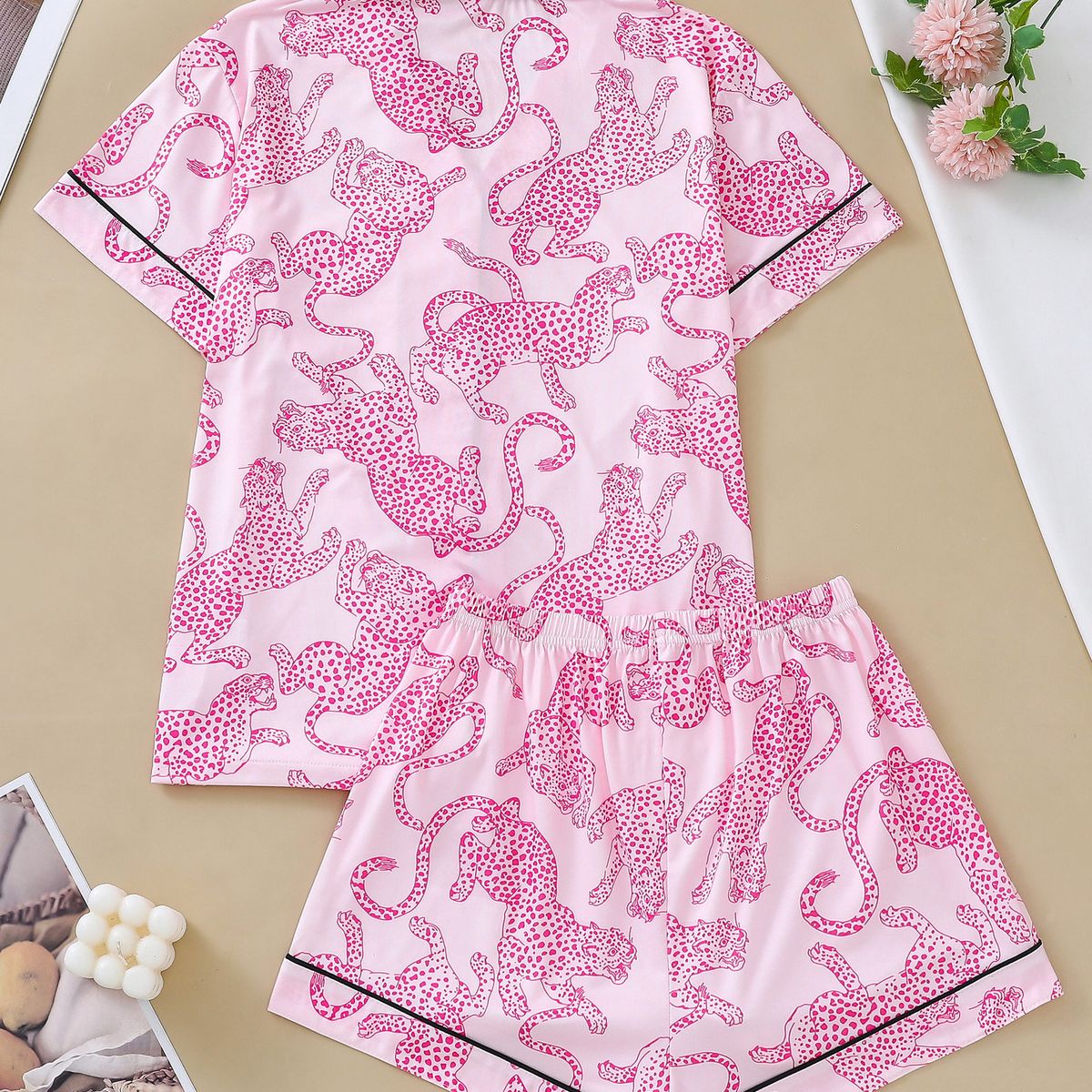 VELVET - Pijama Corto Leoparda Rosa Mujer