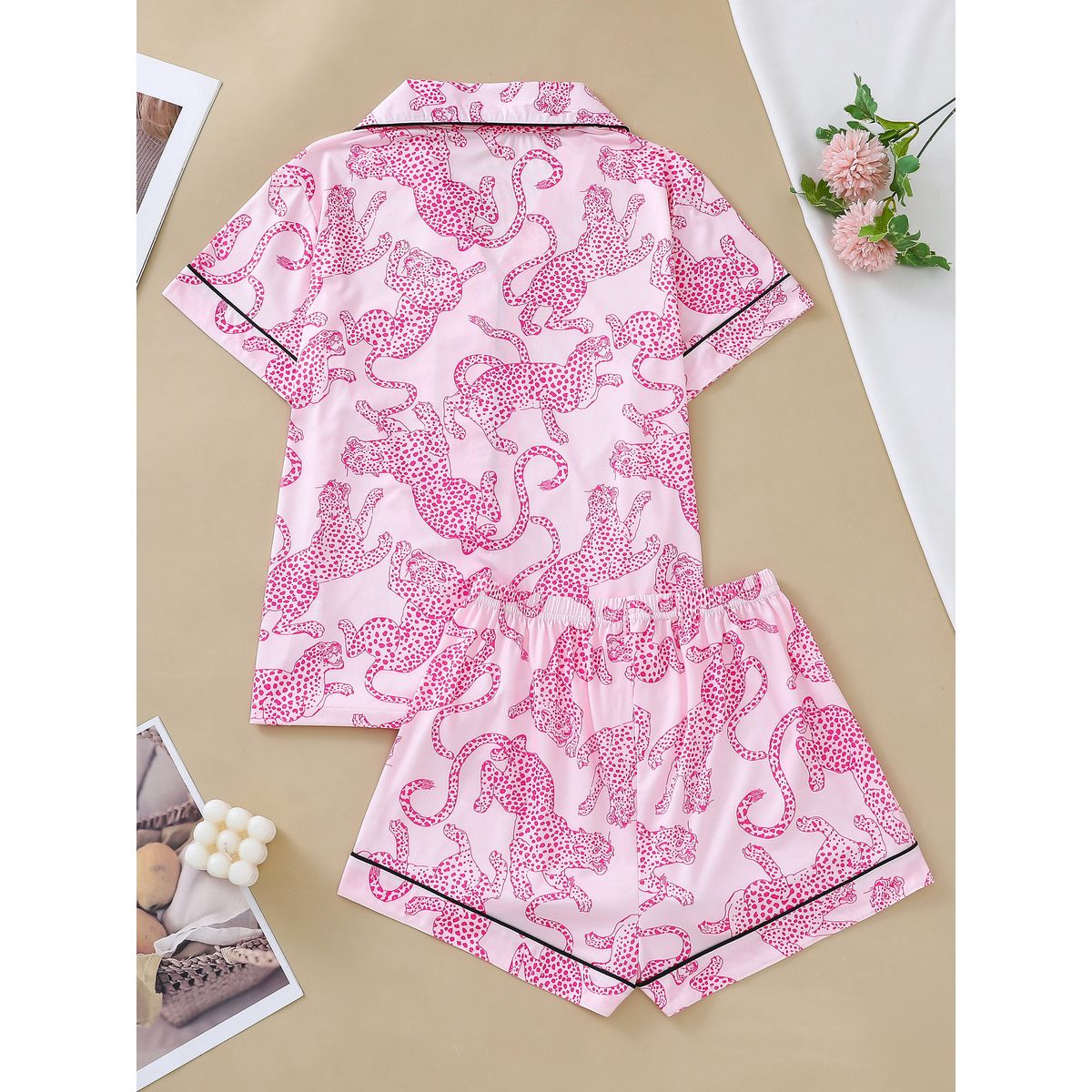 VELVET - Pijama Corto Leoparda Rosa Mujer