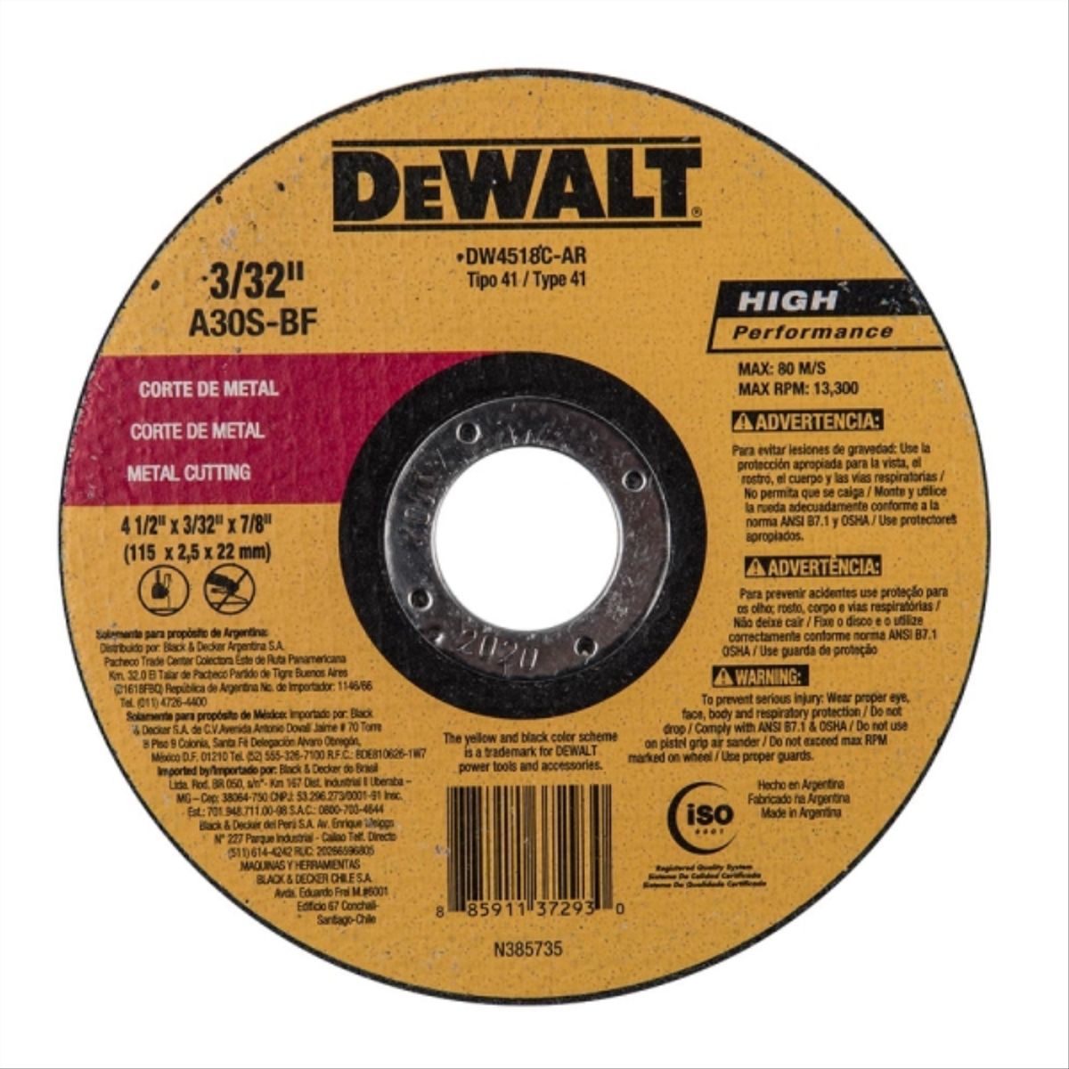 Disco corte metal 4 1/2", marca DEWALT - Foto Principal