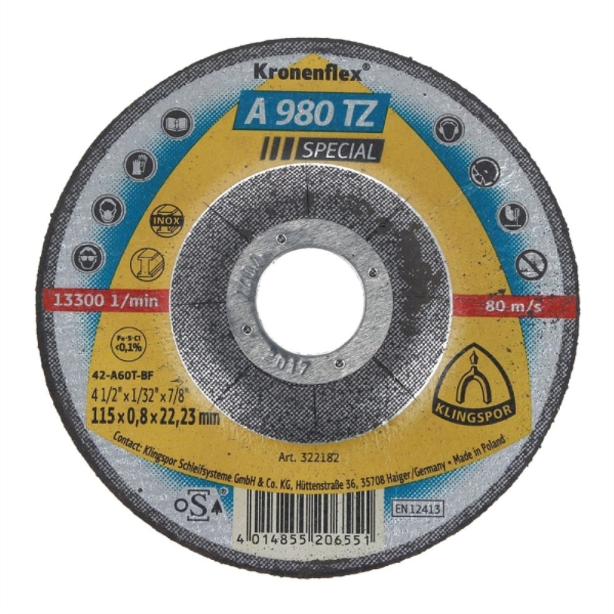 KLINGSPOR - Disco corte metal 4 1/2" 0,8mm A980TZ SP