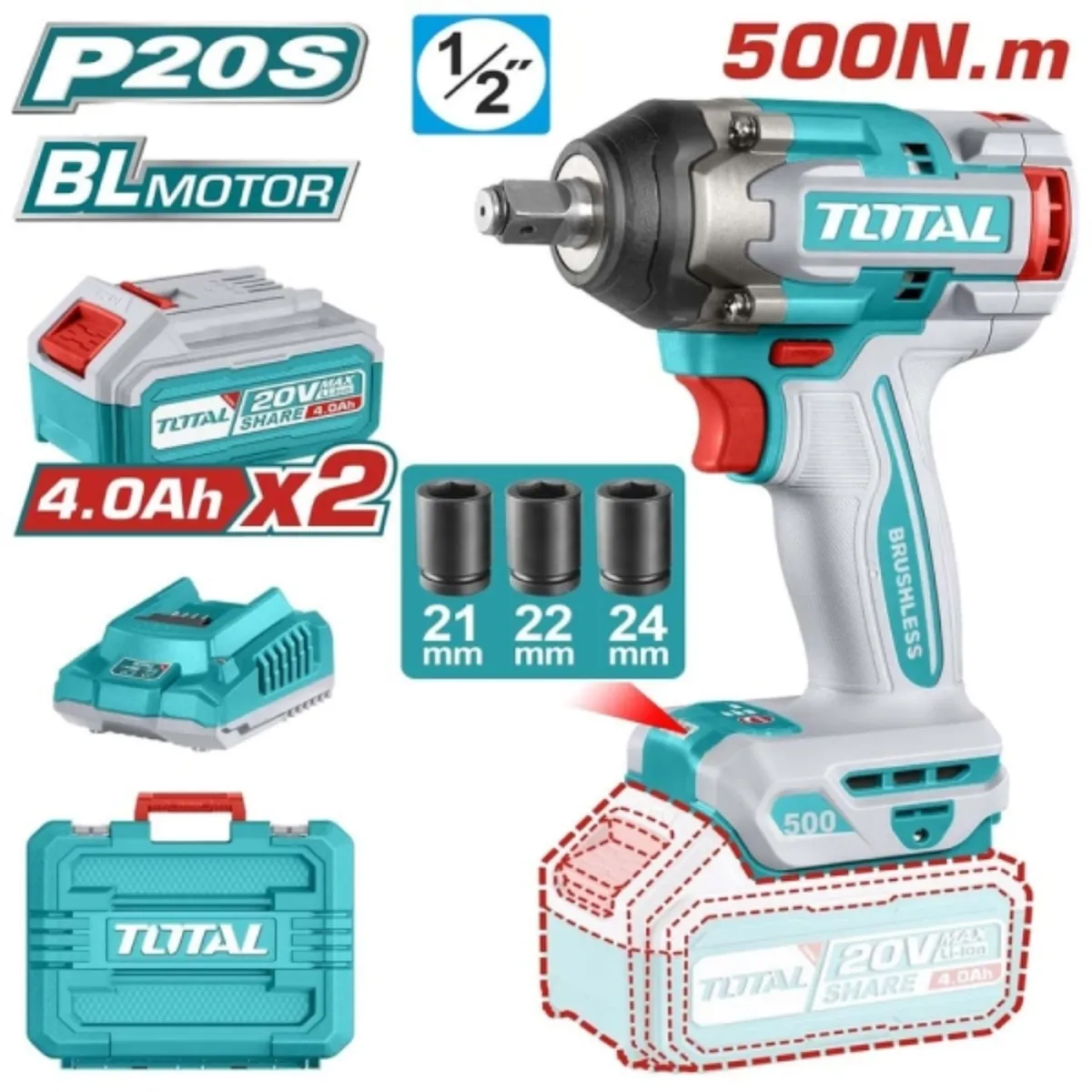 TOTAL - Llave impacto 1/2 500nm bl 20v 2 baterias 4ah + cargador