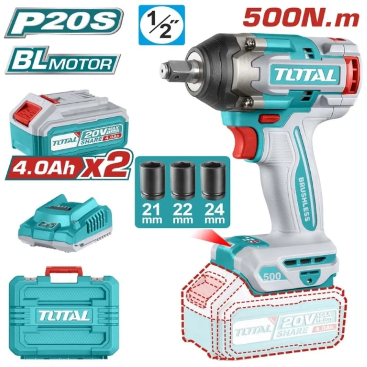 TOTAL - Llave impacto 1/2 500nm bl 20v 2 baterias 4ah + cargador