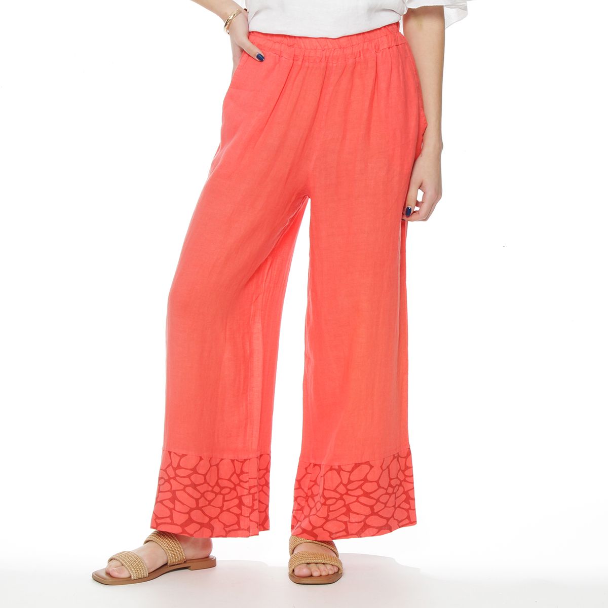 WADOS - PANTALON WIDE LEG LINO TIRO ALTO PRETINA ELASTICADA CON BASTA ESTAMPAD