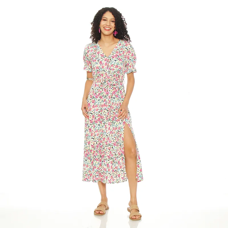 WADOS - VESTIDO ESTAMPADO MANGA CORTA ESCOTE V