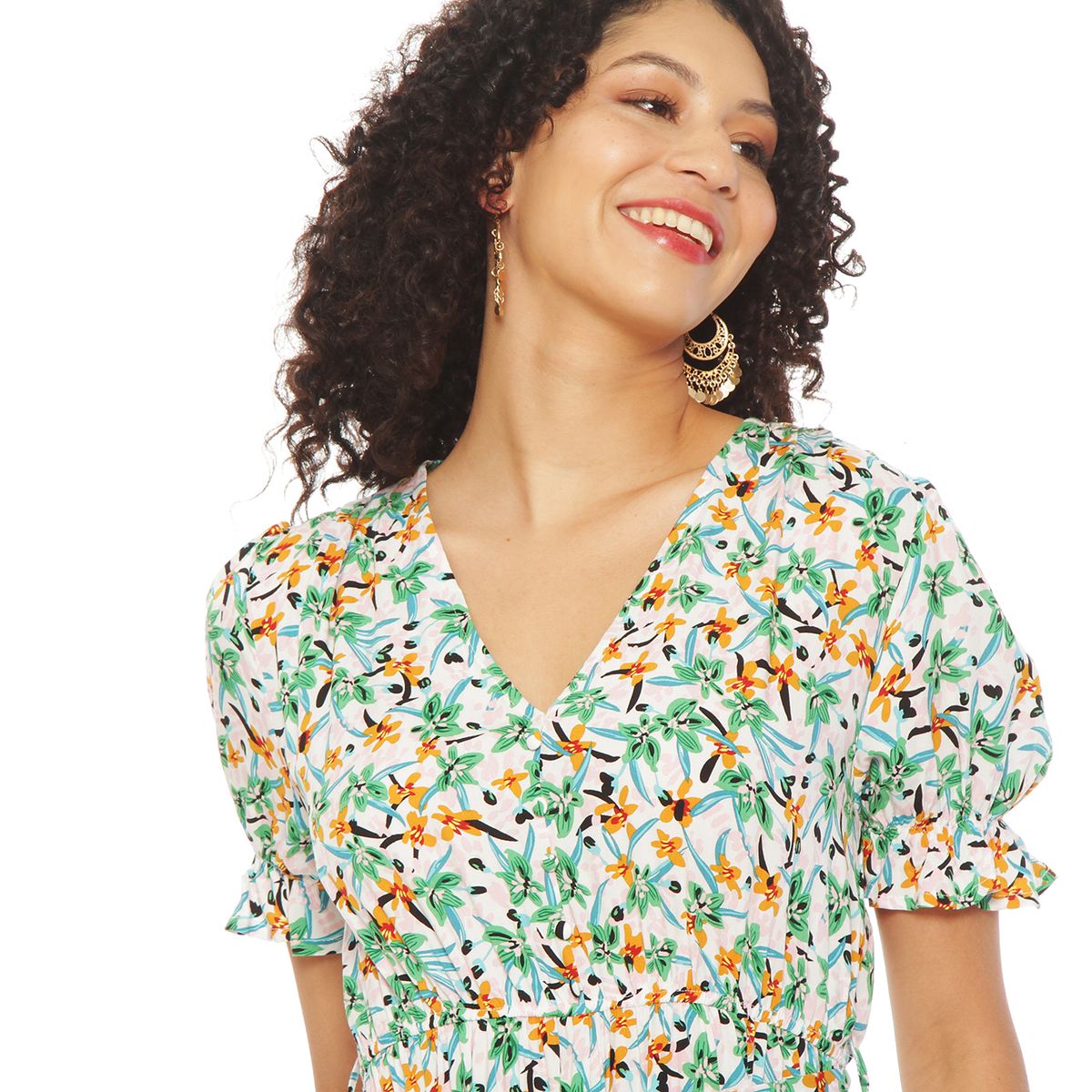 WADOS - VESTIDO ESTAMPADO MANGA CORTA ESCOTE V