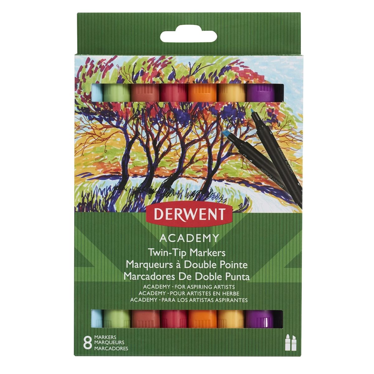 DERWENT - Plumones Marcadores 8 Colores – Punta Fina y Pincel