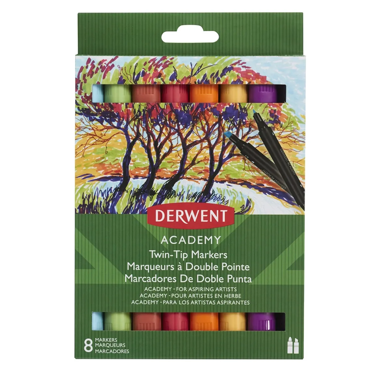 DERWENT - Plumones Marcadores 8 Colores – Punta Fina y Pincel