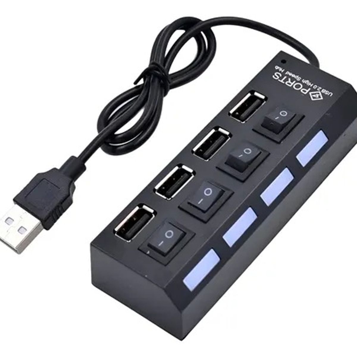 GENERICO - Hub USB 2.0 de 4 Puertos + Interruptores individuales y Led azul