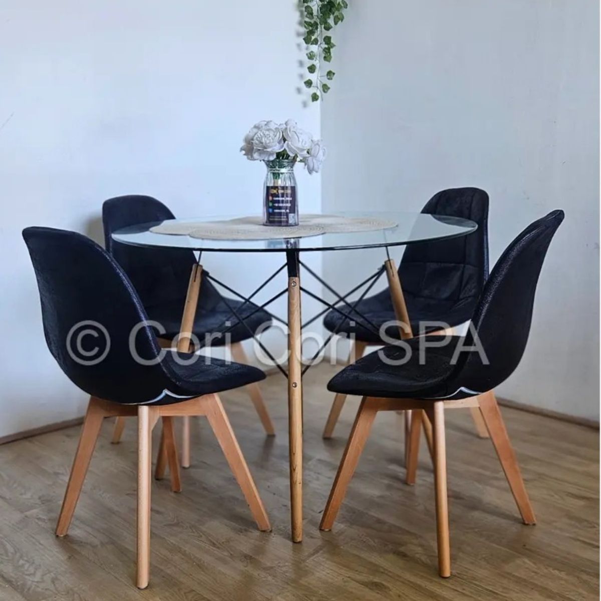 CORI CORI - Comedor Mesa Eames Vidrio 100cm + 4 Sillas Capitonne Ecocuero Vintage…