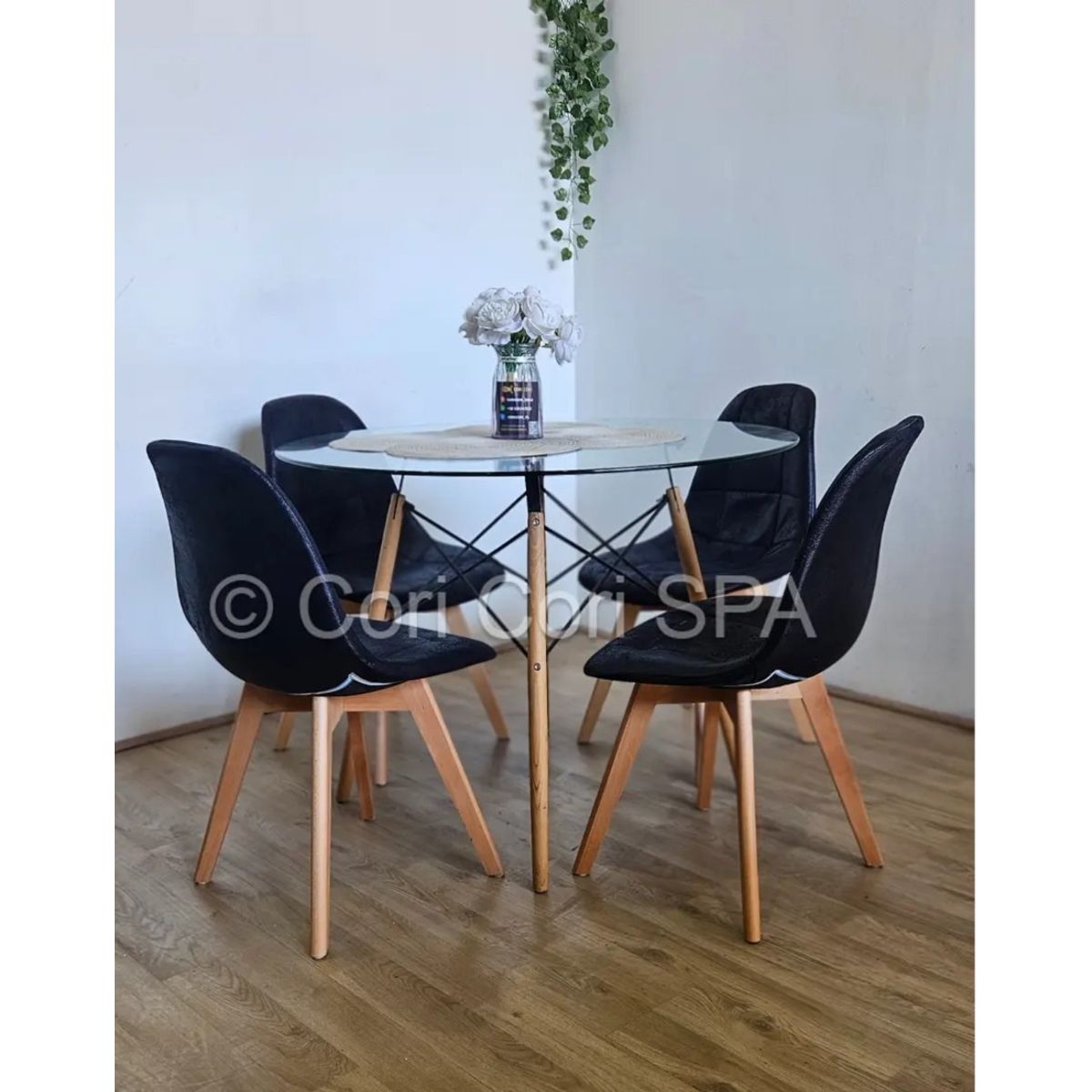 CORI CORI - Comedor Mesa Eames Vidrio 100cm + 4 Sillas Capitonne Ecocuero Vintage…