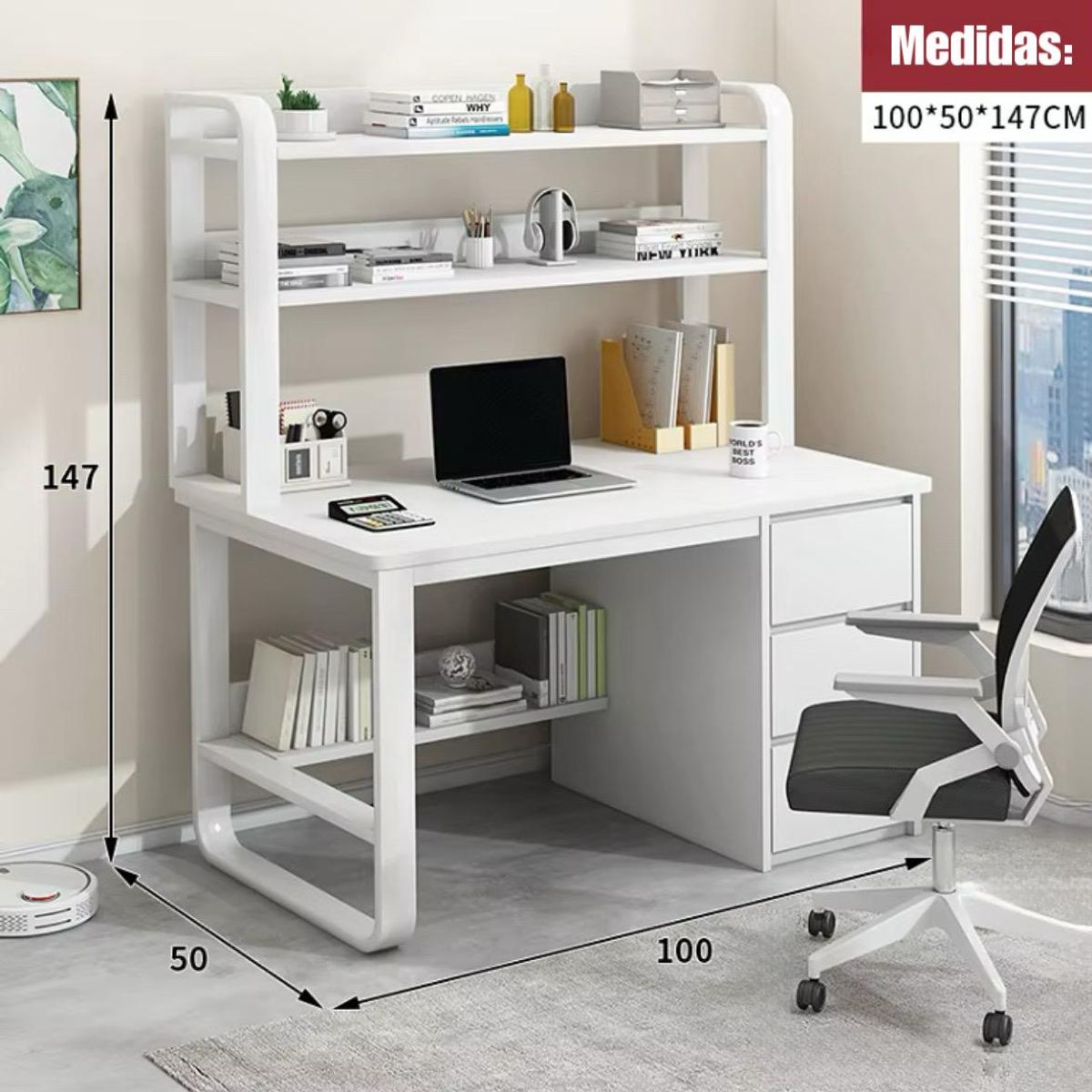 ACTUAL - Escritorio Multifuncional Blanco con Estantería y Cajonera 100x50x147