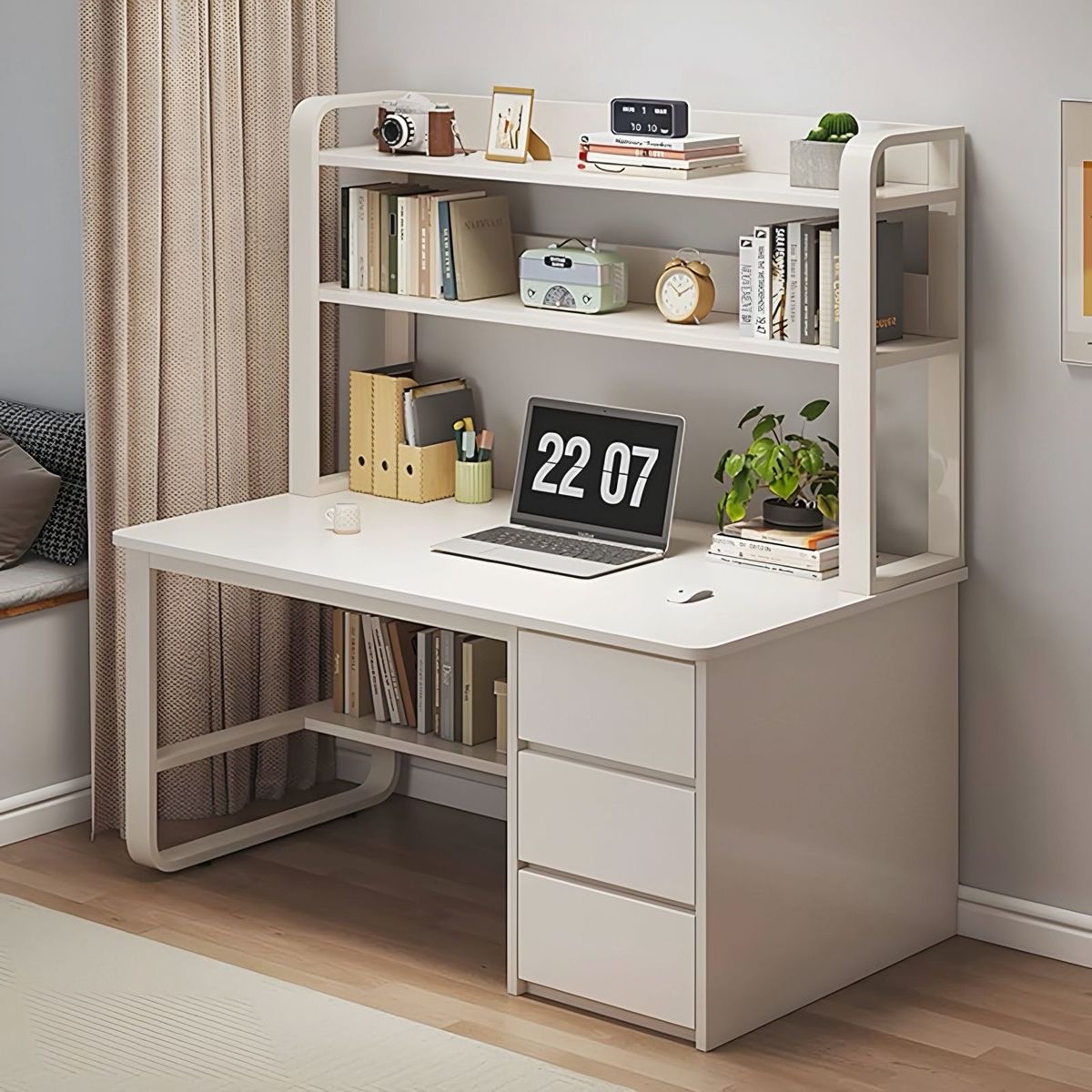 ACTUAL - Escritorio Multifuncional Blanco con Cajonera y Estantería 100x50x147