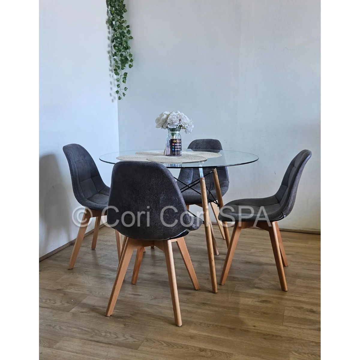 CORI CORI - Comedor Mesa Eames Vidrio 120cm + 4 Sillas Capitonne Ecocuero Vintage