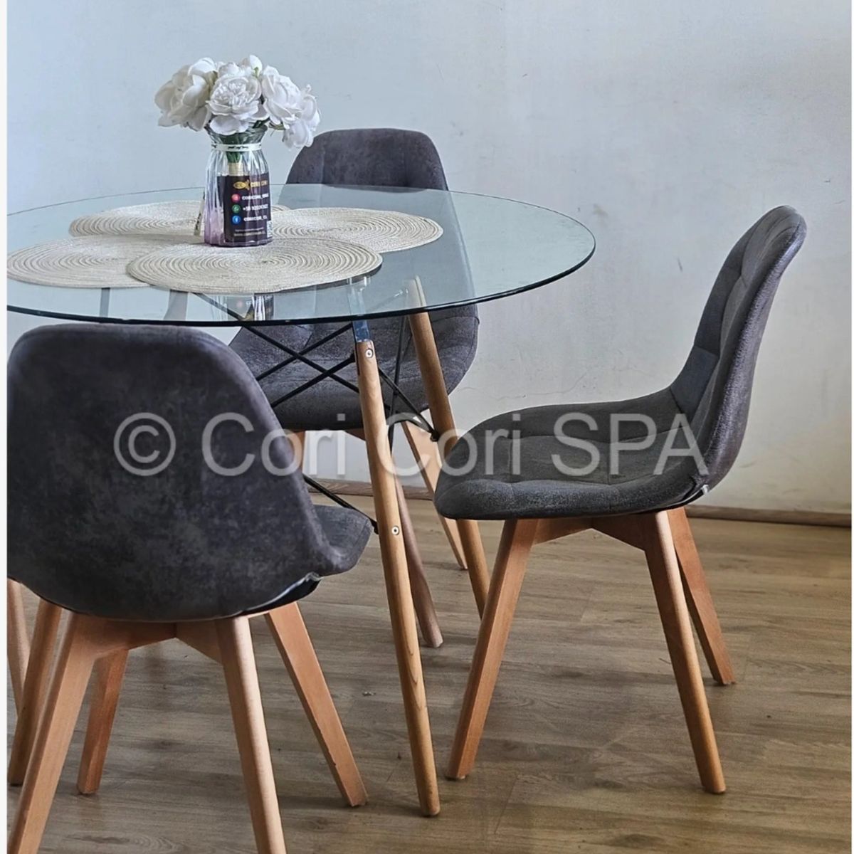 CORI CORI - Comedor Mesa Eames Vidrio 120cm + 4 Sillas Capitonne Ecocuero Vintage
