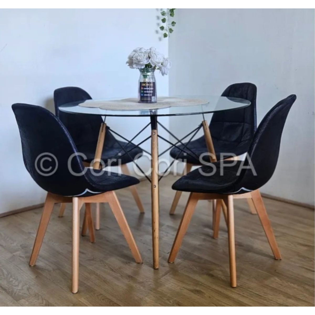 CORI CORI - Comedor Mesa Eames Vidrio 120cm + 4 Sillas Capitonne Ecocuero Vintage