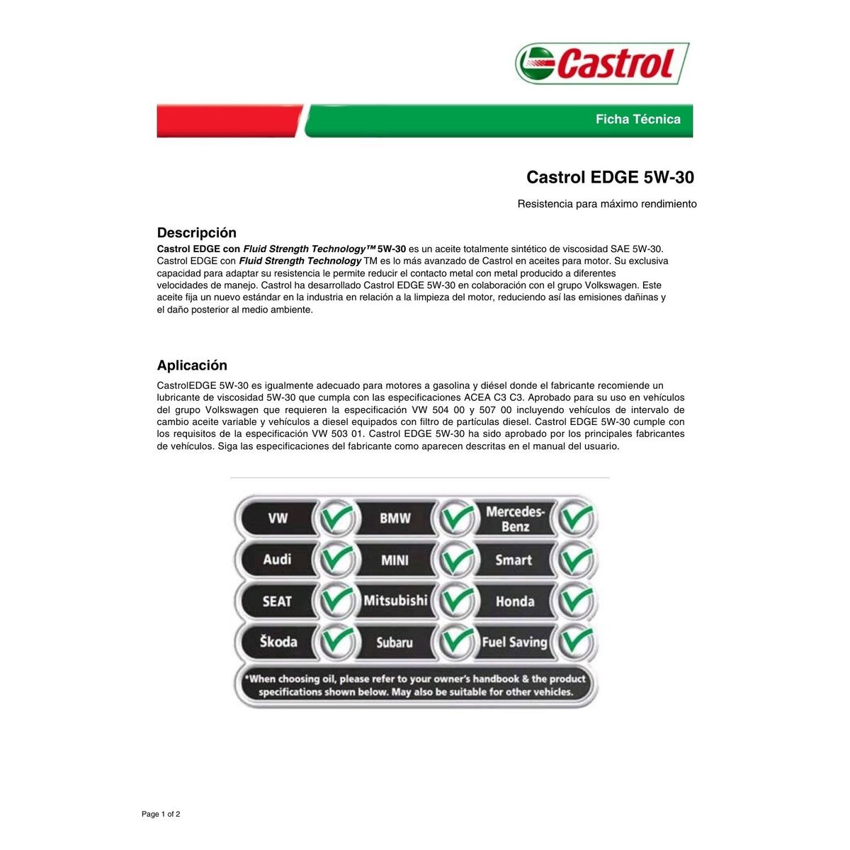 CASTROL - Aceite Motor Sintético 5w30 Castrol Edge 1 Lt.