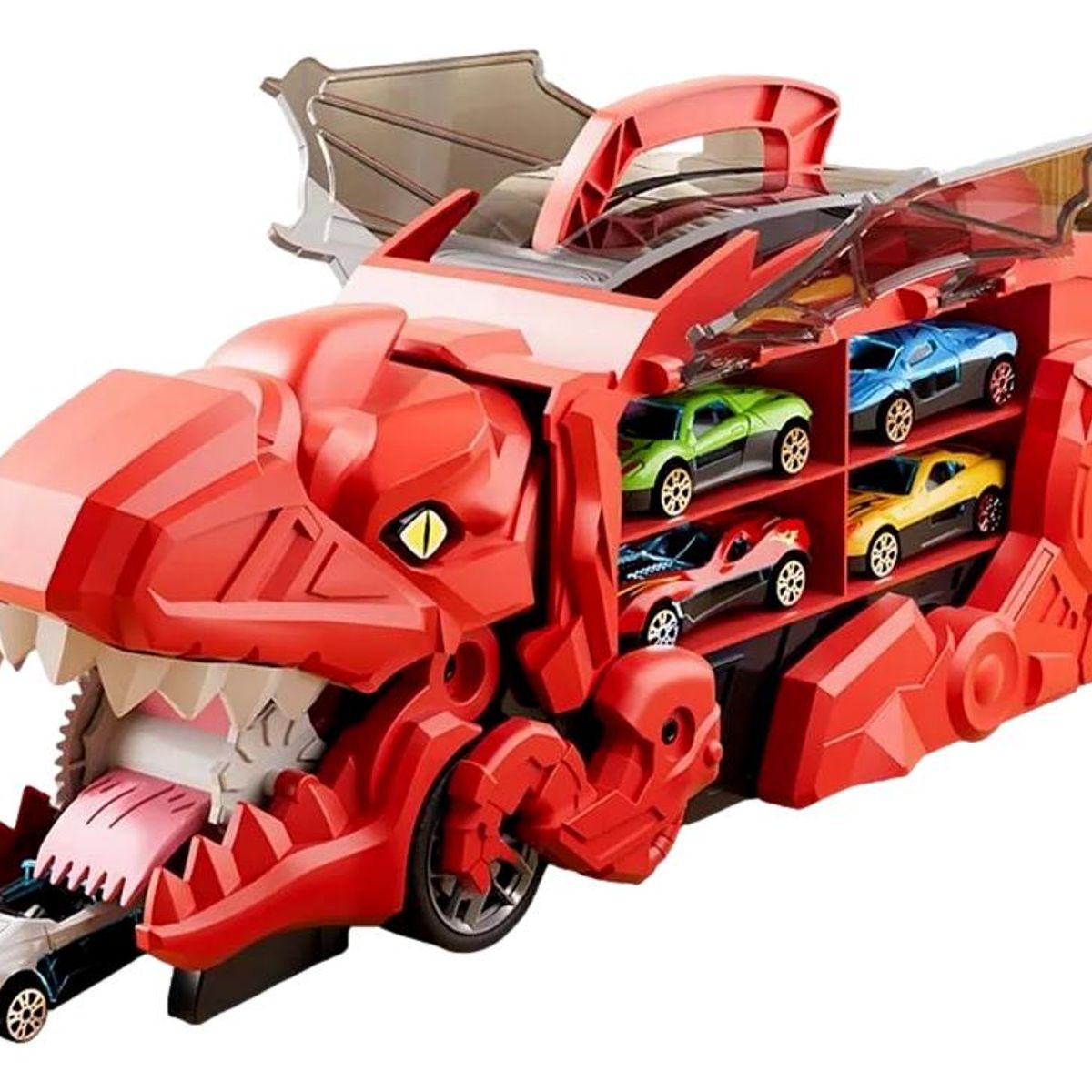 GENERICO - Camion Dino T-rex Transportador 2 En 1, 3 Autos incluidos