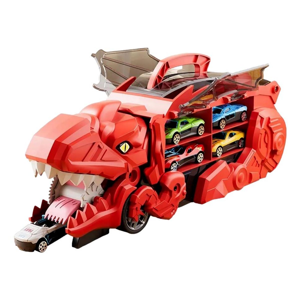 GENERICO - Camion Dino T-rex Transportador 2 En 1, 3 Autos incluidos